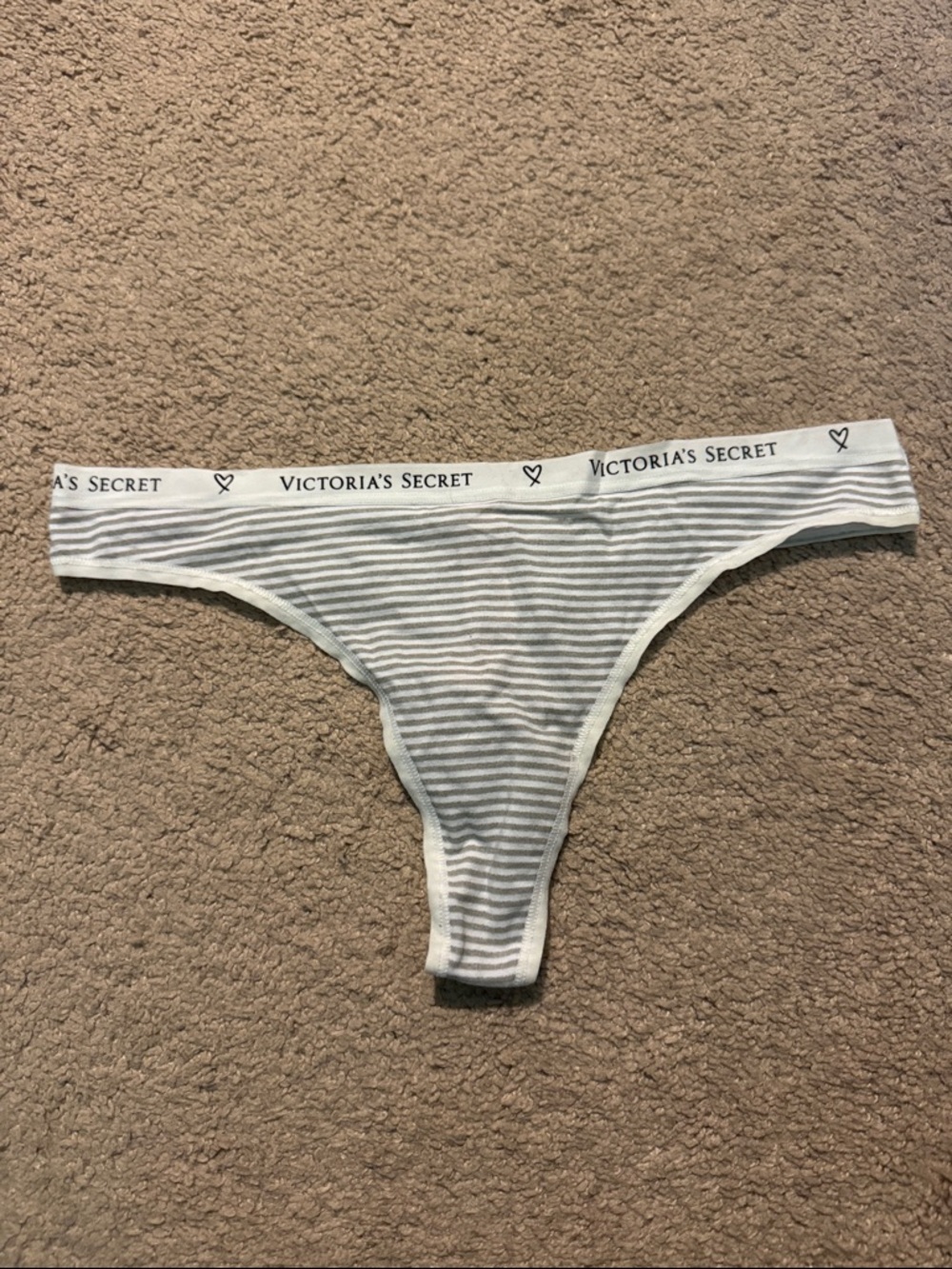 Victoria's Secret White & Gray Striped Thong with Logo Waistband NWT